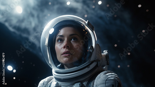 Fotografie, Tablou Portrait of a woman cosmonaut with space suit helmet