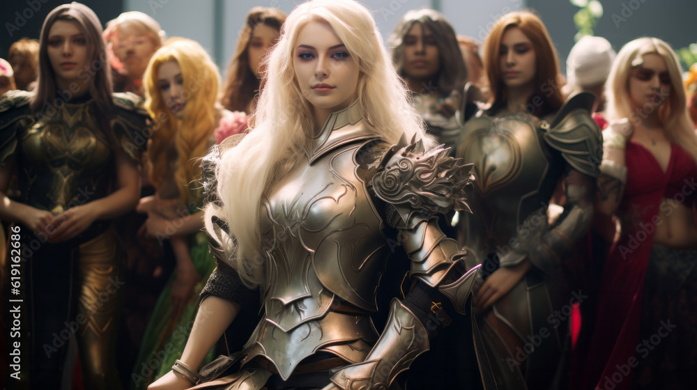 Blond caucasian girl doing an Elf woman warrior cosplay with beautiful armor Blond caucasian girl doing an Elf woman warrior cosplay with beautiful armor