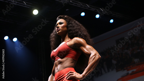 Female bodybuilder competitor at a contest with extremely low bodyfat and big muscles