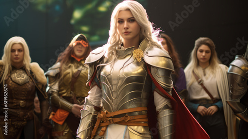 Blond caucasian girl doing an Elf woman warrior cosplay with beautiful armor © Keitma