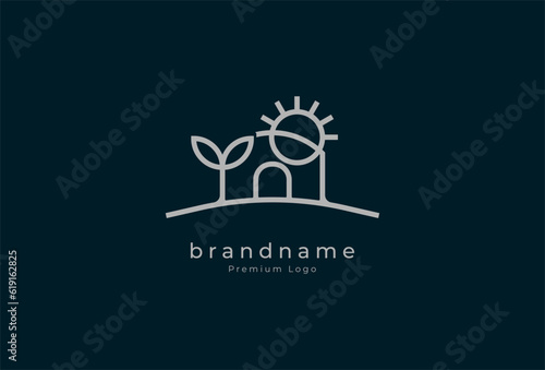 Green house Logo, minimalist house with leaf and sun in line art logo style, vector illustration