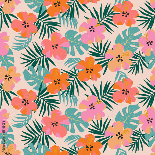 Tropical flower pattern seamless, silhouette of blooming, hand drawn botanical, Floral leaf for spring and Summer time, natural ornaments for textile, fabric, wallpaper, background design.