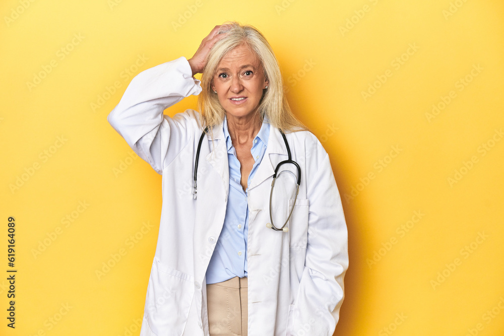 Middle-aged Caucasian female doctor on yellow studio backdrop Middle-aged Caucasian female doctor on yellow studio backdropbeing shocked, she has remembered important meeting. Middle-aged Caucasian female doctor on yellow studio backdrop Middle-aged Caucasian female doctor on yellow studio backdropbeing shocked, she has remembered important meeting.