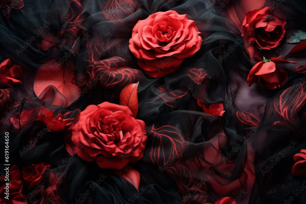 Naklejka premium Dark elegant wallpaper made of red and black tulle fabric with vibrant red flowers. Aesthetic fashion, passion and love background. Generative AI.