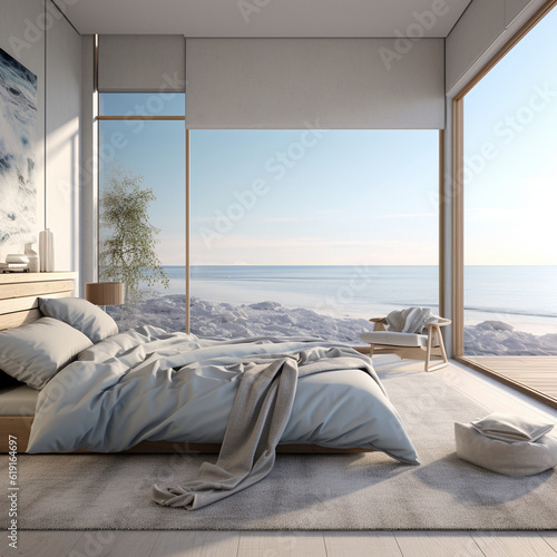 Modern interior of Bedroom, with panoramic sea © Cozy Art