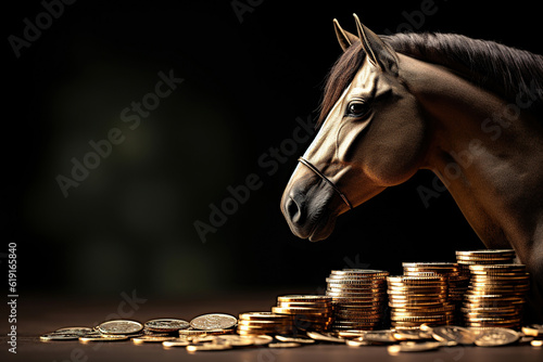 Horse with several gold coins Generative AI