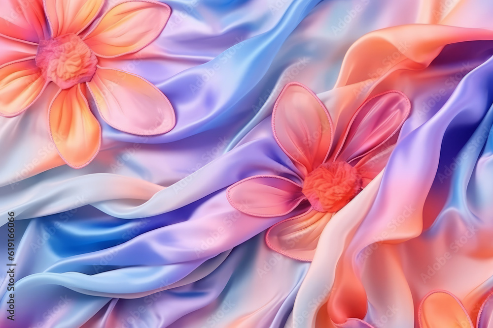 Creative layout made with flowers and pastel color silk fabric. Spring, nature minimal concept. Fashion background. Generative AI. Creative layout made with flowers and pastel color silk fabric. Spring, nature minimal concept. Fashion background. Generative AI.