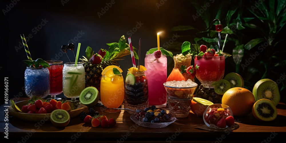 Refreshing and colorful mocktail bar with funky straws and exotic fruit garnishes. Generative ai.