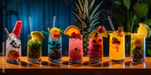 Refreshing and colorful mocktail bar with funky straws and exotic fruit garnishes. Generative ai.