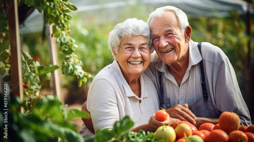 Elderly couple in love in a vegetable garden Elderly couple in love in a vegetable garden