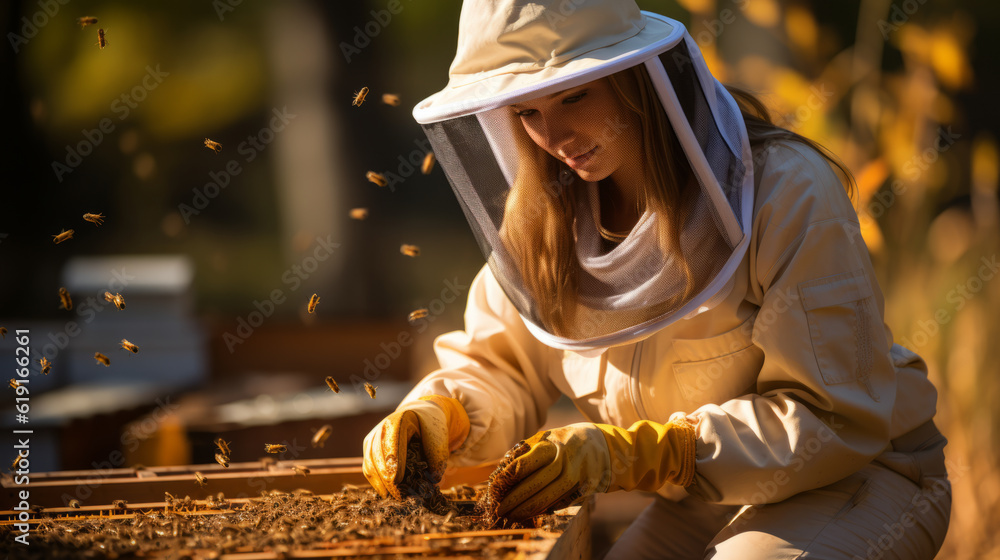 Female beekeeper in beekeeping suit with beekeeping hat hood veil and sun light Female beekeeper in beekeeping suit with beekeeping hat hood veil and sun light