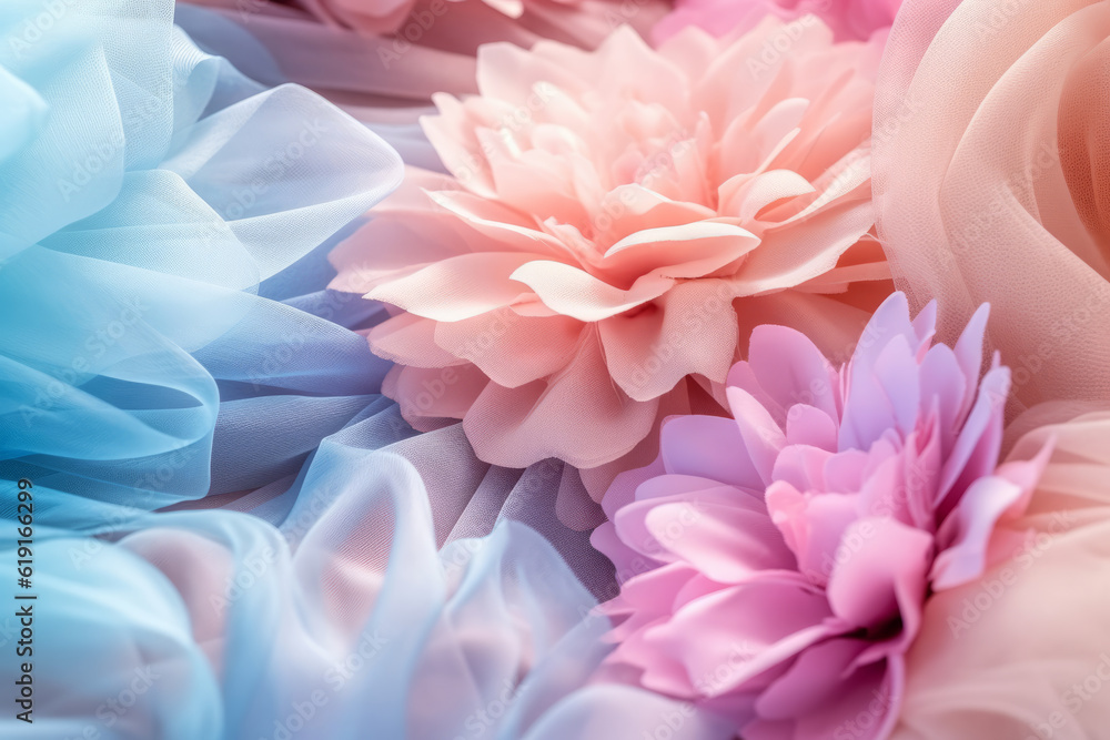 Creative layout made with flowers and pastel color tulle fabric. Spring, nature minimal concept. Fashion background. Generative AI.