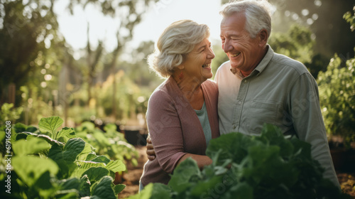 Elderly couple in love in a vegetable garden