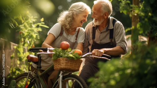 Elderly couple in love in a vegetable garden