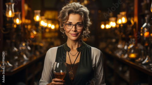 Female Sommelier wine expert holding a glass of wine in the hand in a wine cellar