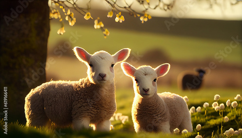 lambs in countryside in the sunshine Ai generated image 