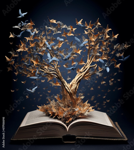 Golden tree growing from the old book, Education and knowledge concept. Generative AI.