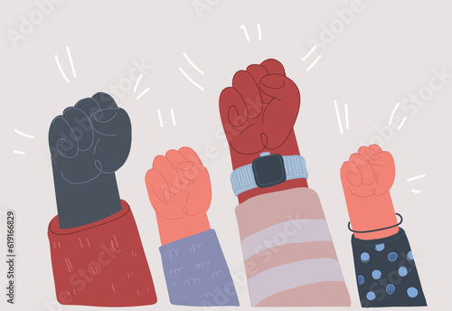 Cartoon illustration of People of different nationalities and races raise up fists. Protest, stop racism, equality concept. Fight for your rights. Black lives matter. Human hands with clenched fists.
