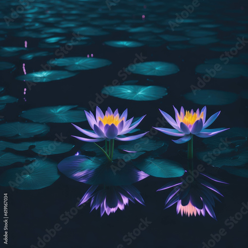 Futuristic Neon Color Lake Liliy Flowers in Water, Night with Reflections, Generative AI
