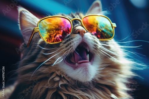 cat laughing and wearing colorful sunglasses