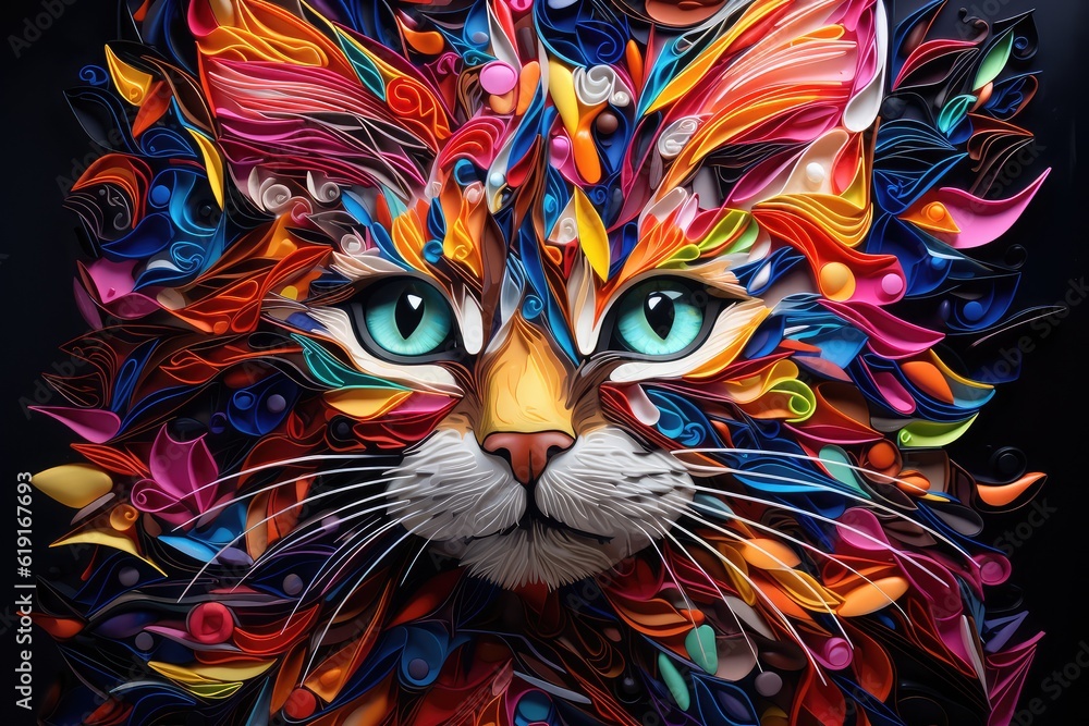 Painting of Colorful cat head full of bright colors and cubist futurism. Digital artwork. 