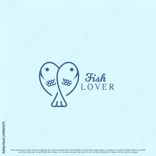 Minimalist fish lover logo design illustration. Flat simple modern minimalist elegant love heart fish silhouette. Fresh lake sea fish icon symbol.