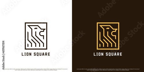 Square lion logo design illustration. Flat creative silhouette geometric line wild animal lion in forest square simple majesty elegant minimalist royal luxury monogram predator carnivore mammal cat