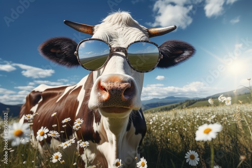 Awesome cool cow wearing sunglasses in a field with flowers 
