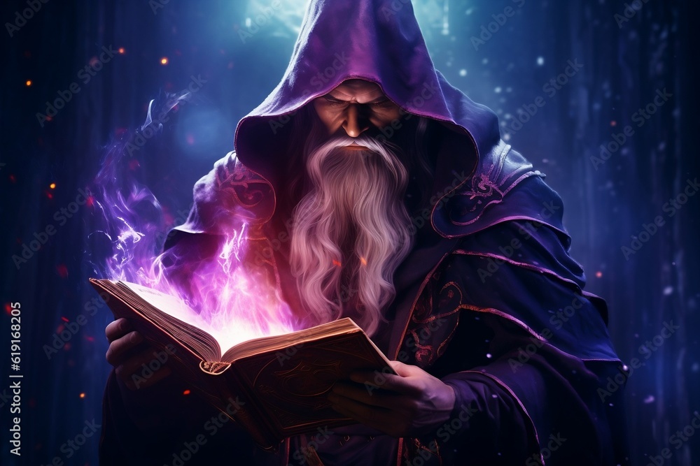Fantasy illustration of an evil sorcerer in a purple robe casting a ...