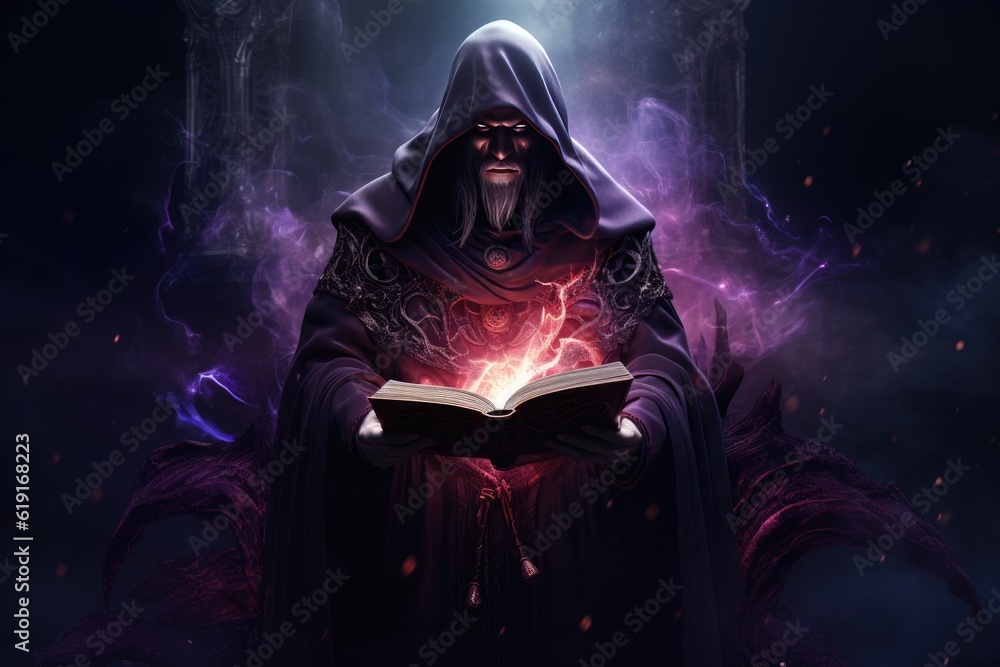 Fantasy illustration of an evil sorcerer in a purple robe casting a ...