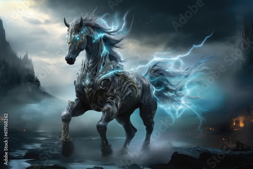 Dark grey   black horse capturing the pulsating electric energy  cloudy dramatic fantasy scene with blue thunder  generated by AI