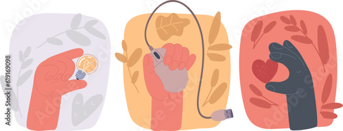 Cartoon illustration of Brainstorming concept. Metaphor of diverse people proposing or sharing innovative ideas solutions and agreements. Hand hold bulb, mouse, heart.