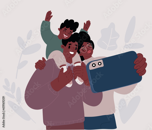 Cartoon of Portrait of afro american family Portrait of afro american family with kid. Father with boy son child on hands, Mother take photo with phone