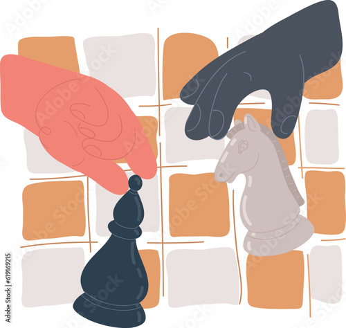 Cartoon illustration of hand holding bishop, knight chess piece, making a move in a chess game