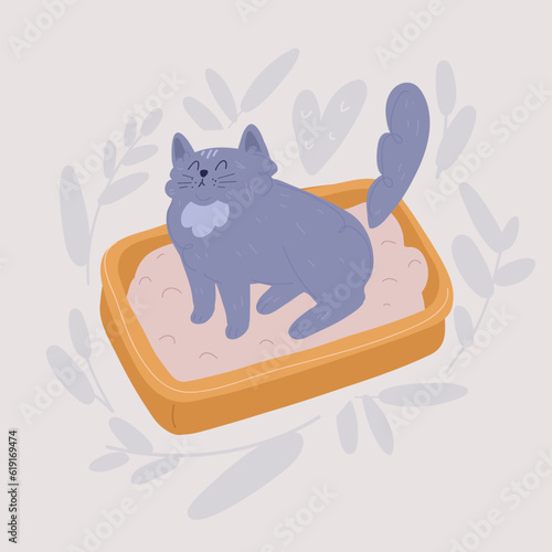 Cartoon illustration of Cat litter box. Plastic catbox filled with crystal litter. Pet supplies for pet shop.