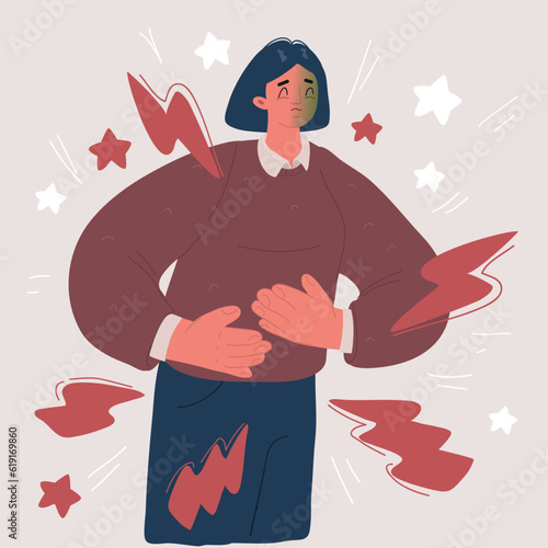Cartoon illustration of Set of unhappy womens. suffering pain or ache in different body parts - chest, neck, leg, back, stomack. Healthcare, sickness, disease concept, isolated on a white.