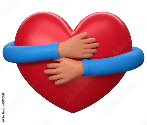3D hands hugging a red heart with love. Cartoon Hand embracing heart with blue sleeve isolated on blue background. love yourself. Used for posters, postcards, t-shirt prints. © vensto