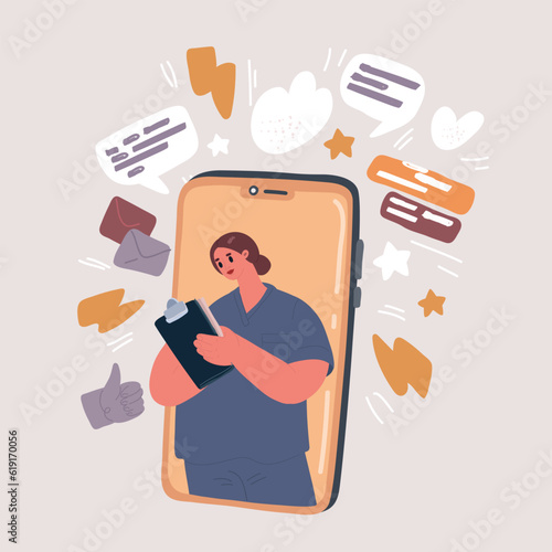 Cartoon illustration of Online doctor and medical concept health call. Patient gets medical care via video and telephone call, online health check. Speak to your doctor online.