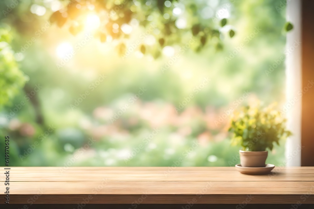 Abstract Natural Spring Blurred Garden Leaves View from Living Room Window with Wooden Table Counter Background, Promote, Create Light Soft Colors Design Banner ads on display concept Generative AI