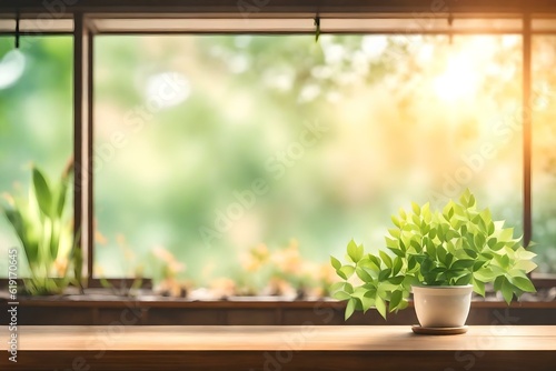 Abstract Natural Spring Blurred Garden Leaves View from Living Room Window with Wooden Table Counter Background, Promote, Create Light Soft Colors Design Banner ads on display concept Generative AI