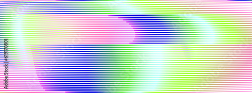 Iridescent geometric abstract banner of neon colors stripes and glowing shapes. Psychedelic background for wall art, wallpaper, wall panel, textile, poster, interior decor. 