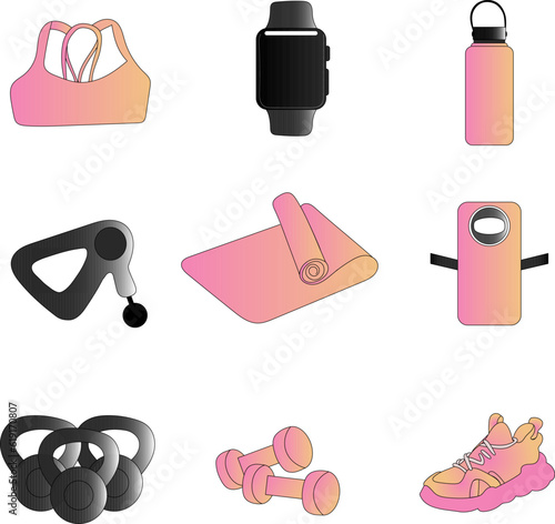 Vector Illustration Sports Women's Set Dumbbells Weights Scales Watch Yoga Mat Sneakers Water Bottle Massager