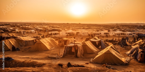 Fototapeta Refugee crisis, A vast refugee camp with makeshift tents, A barren desert landsc