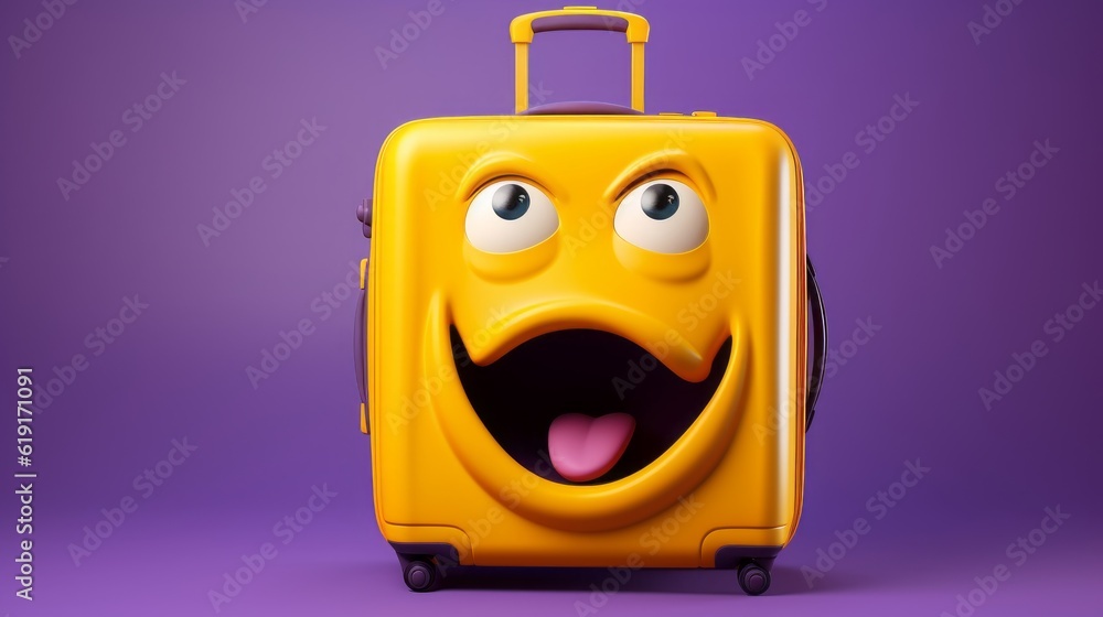 Excited yellow baggage running, isolated on a purple background, capturing the joy and anticipation of travel and adventure, generative ai Excited yellow baggage running, isolated on a purple background, capturing the joy and anticipation of travel and adventure, generative ai