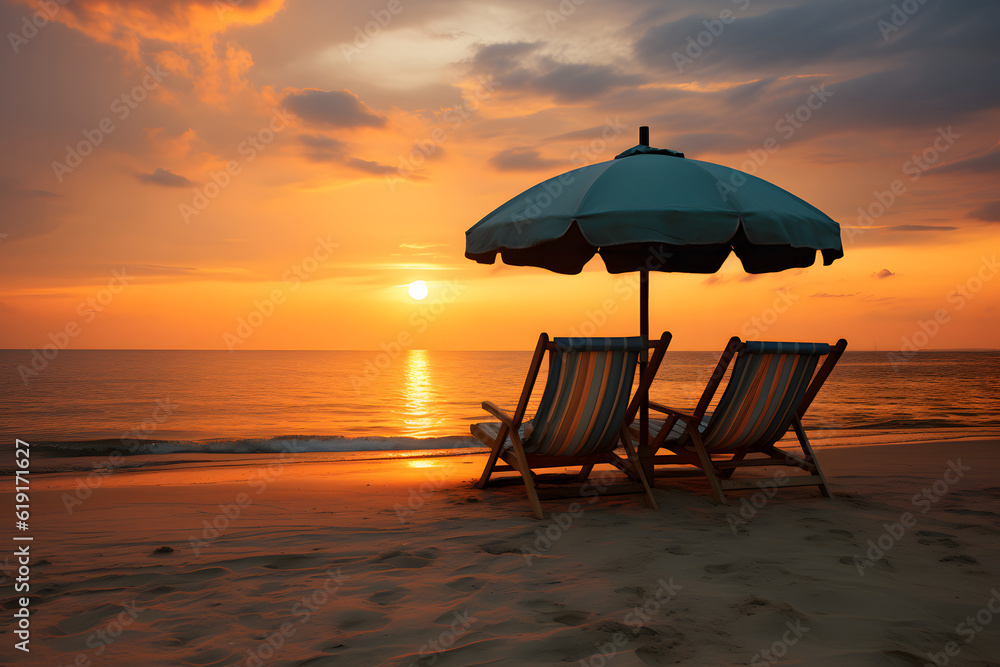 At sunset, on a beautifull beach, beach chairs and an umbrella stand ready for relaxation. The warm hues of the setting sun cast a serene and tranquil ambiance. AI Generated At sunset, on a beautifull beach, beach chairs and an umbrella stand ready for relaxation. The warm hues of the setting sun cast a serene and tranquil ambiance. AI Generated