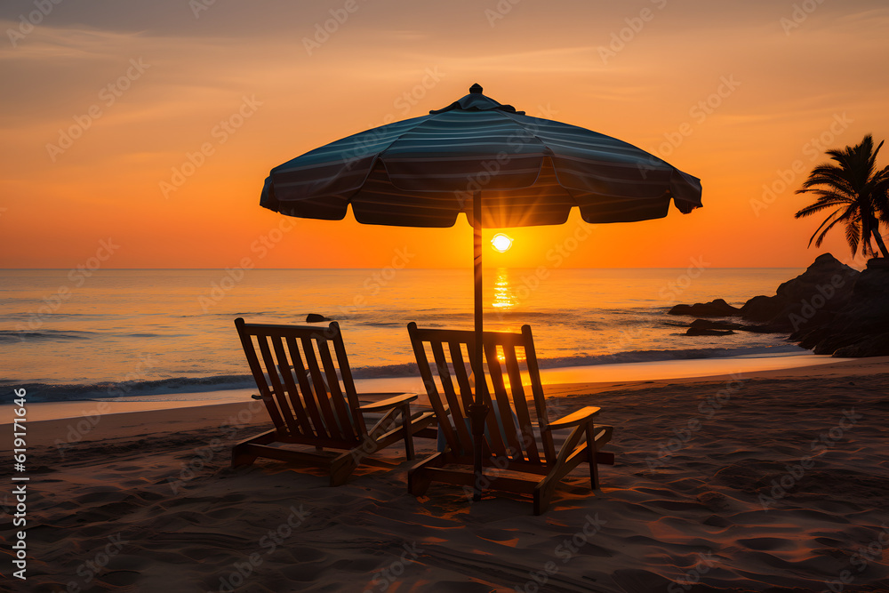 At sunset, on a beautifull beach, beach chairs and an umbrella stand ready for relaxation. The warm hues of the setting sun cast a serene and tranquil ambiance. AI Generated