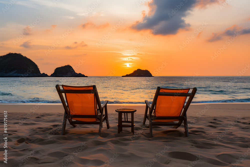 At sunset, on a beautifull beach, beach chairs ready for relaxation. The warm hues of the setting sun cast a serene and tranquil ambiance. AI Generated