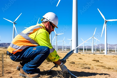 Renewable Energy Revolution - A power plant or wind farm with workers installing new equipment to generate renewable energy sources for the future photo