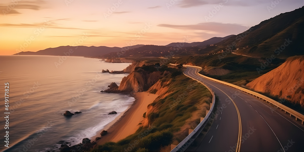 Fototapeta premium Highway landscape at colorful sunset. Road view on the sea. colorful seascape with beautiful road. highway view on ocean beach. coastal road in europe. Colorful seascape in the Mediterranean.