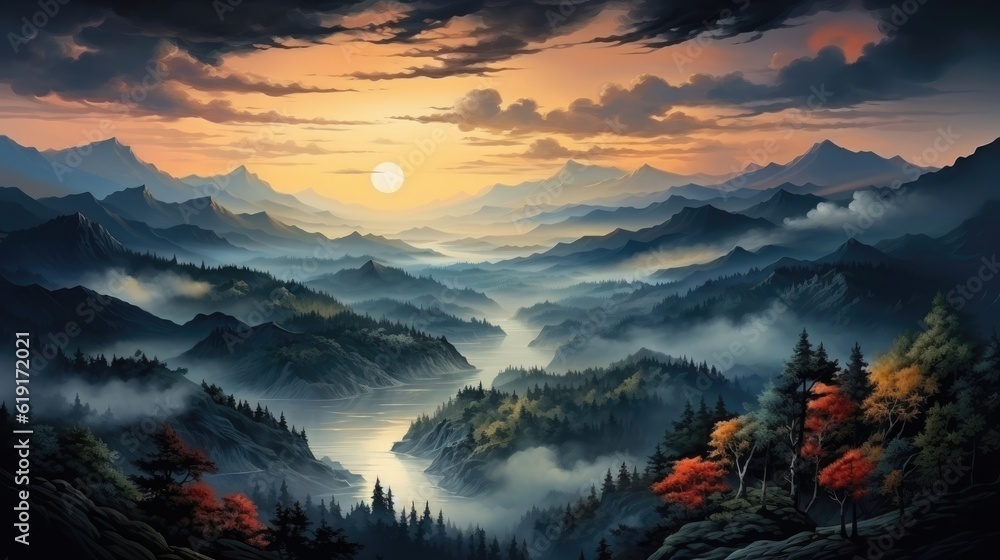 The graphic art depicts a photo realistic illustration of mystic morning mountains, forest, and fog. (Illustration, Generative AI)